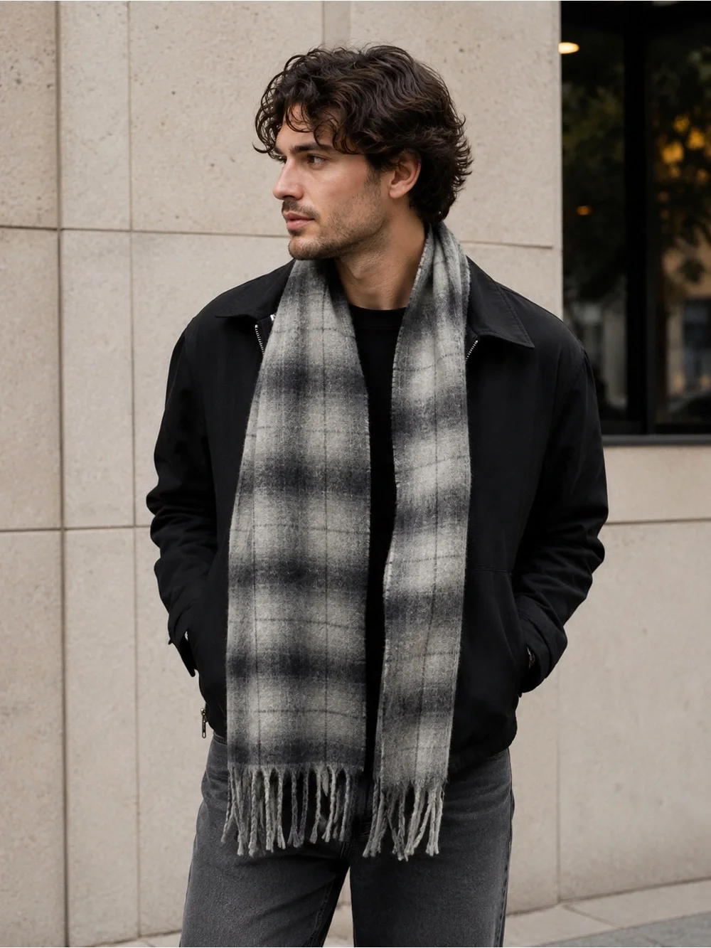 Gap Men’s Recycled Cozy Fringe Scarf Grey Plaid